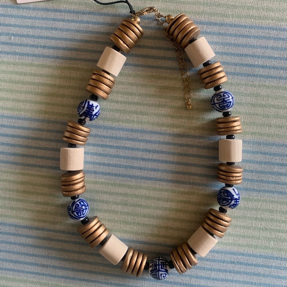 Blue and White Chinoiserie Beaded Necklace